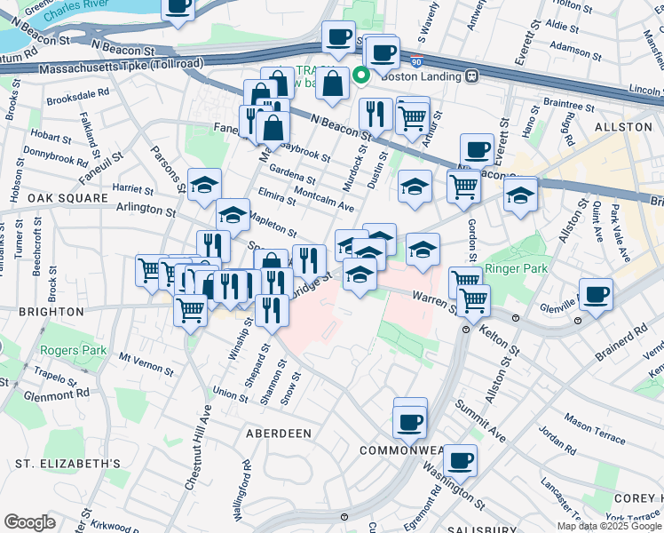 map of restaurants, bars, coffee shops, grocery stores, and more near 697 Cambridge Street in Boston