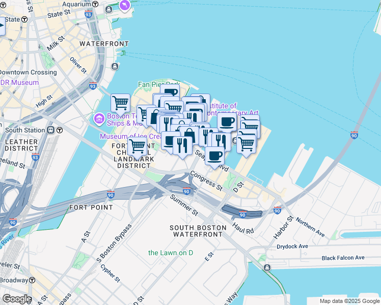 map of restaurants, bars, coffee shops, grocery stores, and more near 133 Seaport Boulevard in Boston