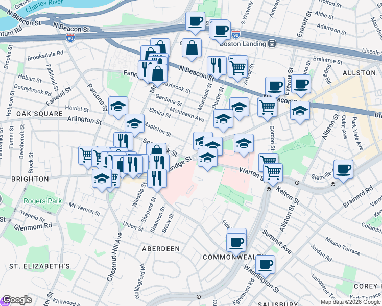 map of restaurants, bars, coffee shops, grocery stores, and more near 715 Cambridge Street in Brighton