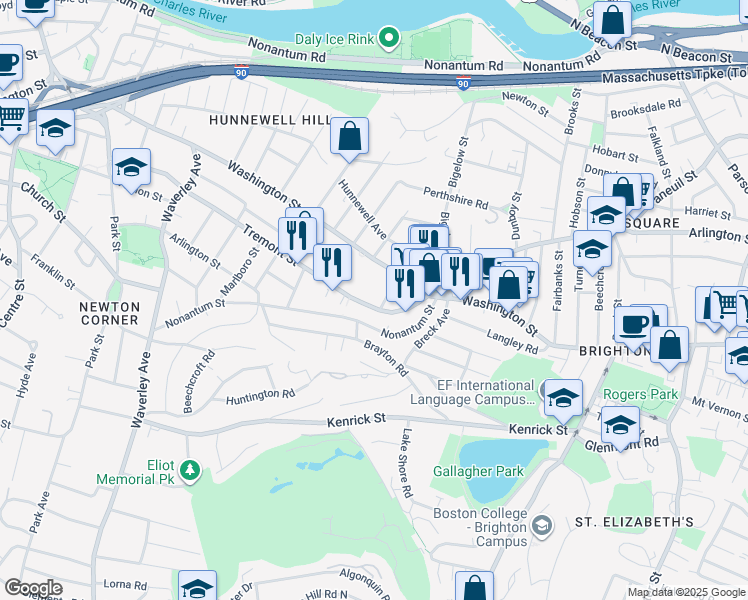 map of restaurants, bars, coffee shops, grocery stores, and more near 11 Tip Top Street in Boston