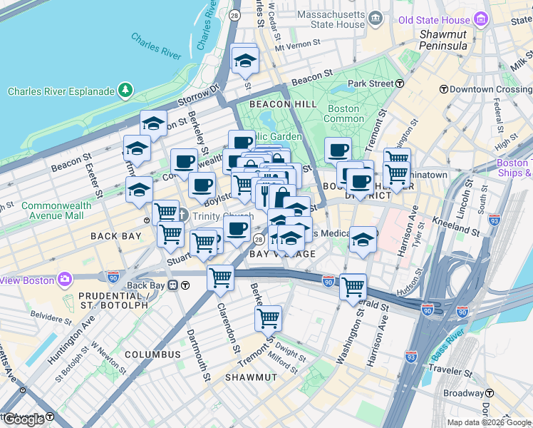 map of restaurants, bars, coffee shops, grocery stores, and more near 75 Arlington Street in Boston