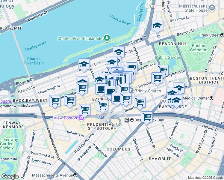 map of restaurants, bars, coffee shops, grocery stores, and more near 154 Newbury Street in Boston