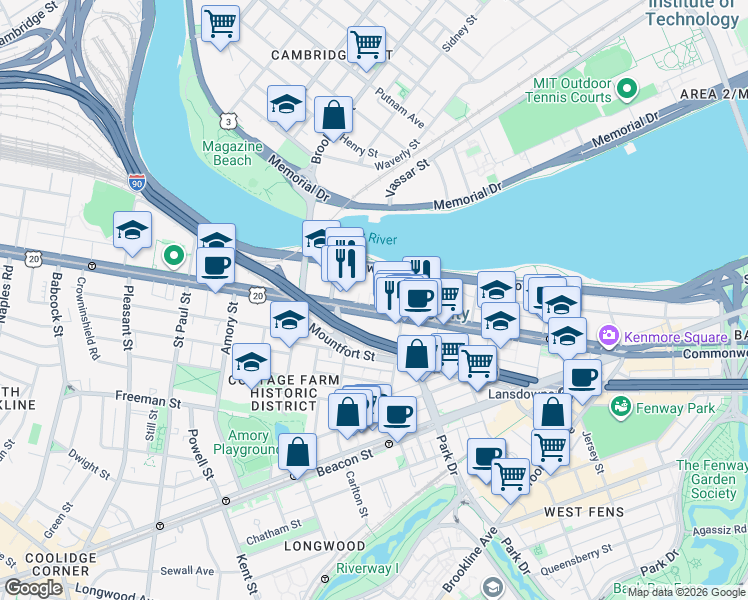 map of restaurants, bars, coffee shops, grocery stores, and more near 755 Commonwealth Avenue in Boston