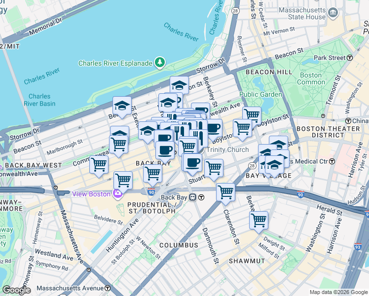 map of restaurants, bars, coffee shops, grocery stores, and more near 130B Newbury Street in Boston