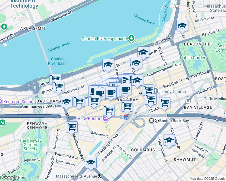 map of restaurants, bars, coffee shops, grocery stores, and more near 225 Commonwealth Avenue in Boston