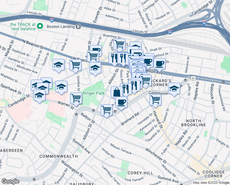 map of restaurants, bars, coffee shops, grocery stores, and more near 12a Greylock Road in Boston