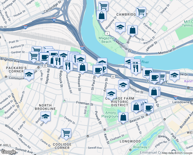 map of restaurants, bars, coffee shops, grocery stores, and more near 890 Commonwealth Avenue in Boston