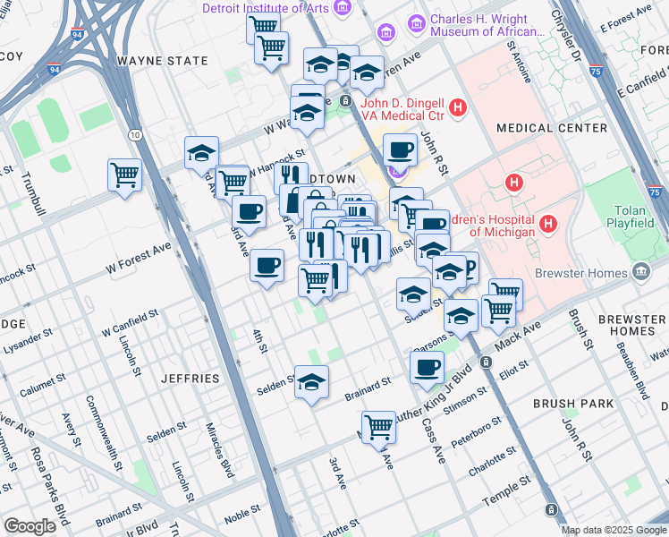 map of restaurants, bars, coffee shops, grocery stores, and more near 444 West Willis Street in Detroit