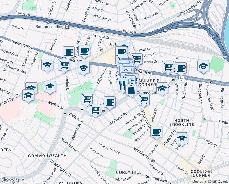 map of restaurants, bars, coffee shops, grocery stores, and more near 10-14 Park Vale Avenue in Boston