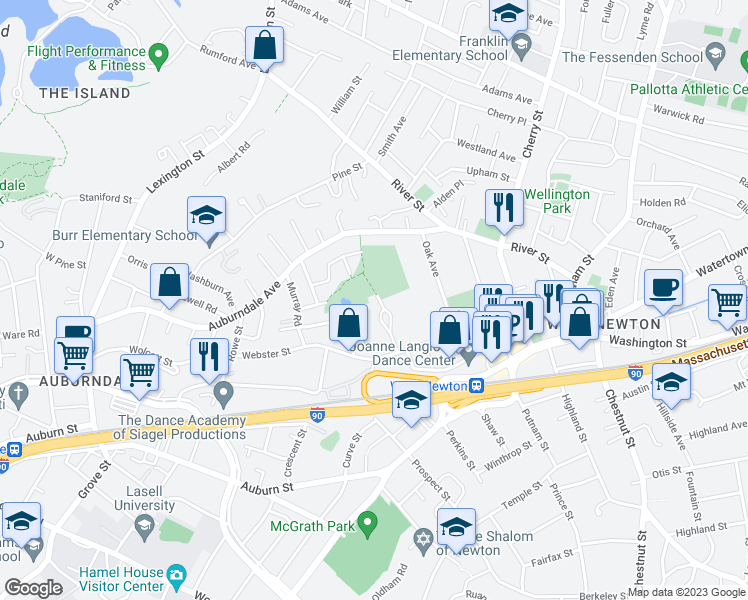 map of restaurants, bars, coffee shops, grocery stores, and more near 63 Webster Park in Newton