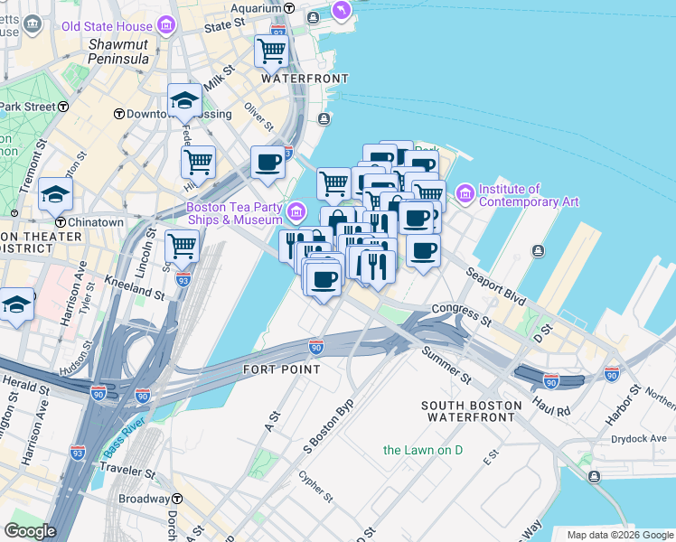 map of restaurants, bars, coffee shops, grocery stores, and more near 332 Congress Street in Boston
