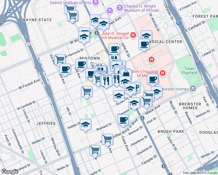 map of restaurants, bars, coffee shops, grocery stores, and more near 115 West Willis Street in Detroit