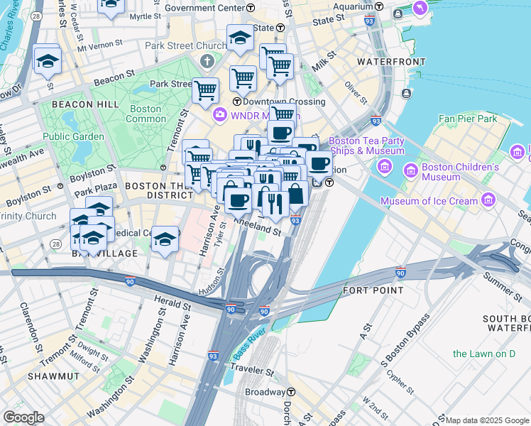 map of restaurants, bars, coffee shops, grocery stores, and more near in Boston