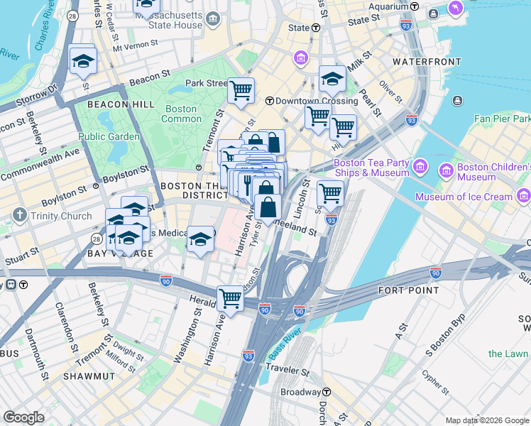 map of restaurants, bars, coffee shops, grocery stores, and more near 72 Kneeland Street in Boston