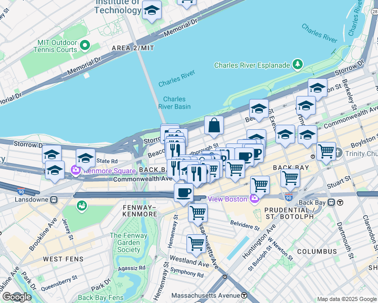 map of restaurants, bars, coffee shops, grocery stores, and more near 457 Beacon Street in Boston