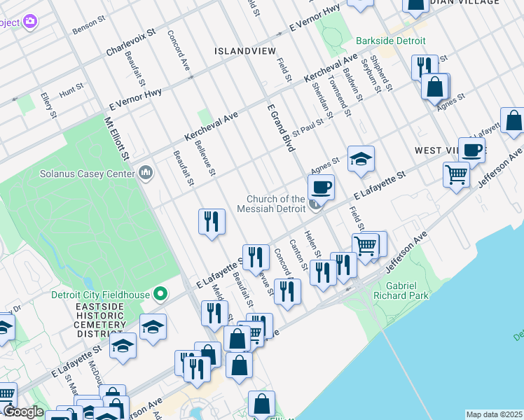 map of restaurants, bars, coffee shops, grocery stores, and more near 1157 Concord Avenue in Detroit