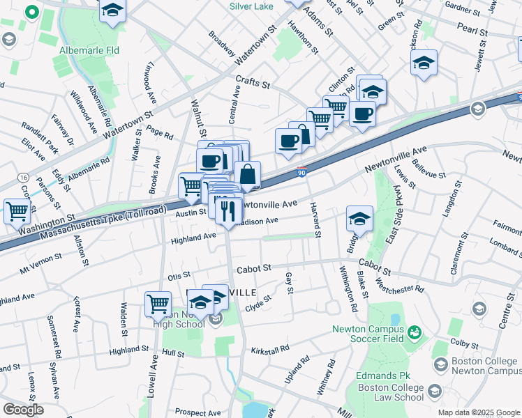 map of restaurants, bars, coffee shops, grocery stores, and more near 425 Newtonville Avenue in Newton
