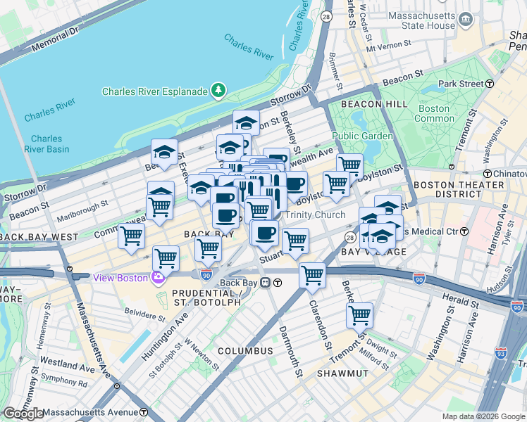 map of restaurants, bars, coffee shops, grocery stores, and more near 130B Newbury Street in Boston