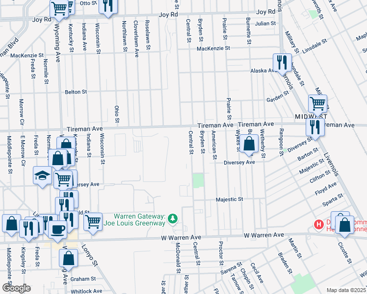 map of restaurants, bars, coffee shops, grocery stores, and more near 7735 Central Ave in Detroit
