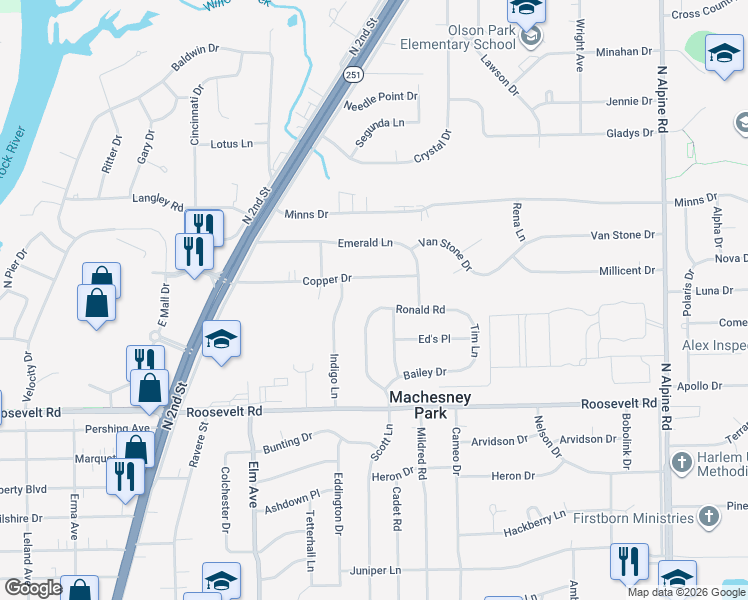 map of restaurants, bars, coffee shops, grocery stores, and more near 1021 Copper Drive in Machesney Park