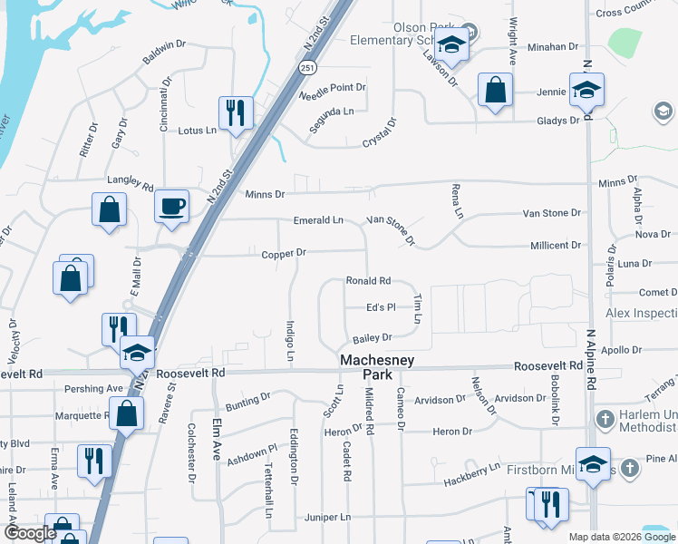 map of restaurants, bars, coffee shops, grocery stores, and more near 1021 Copper Drive in Machesney Park