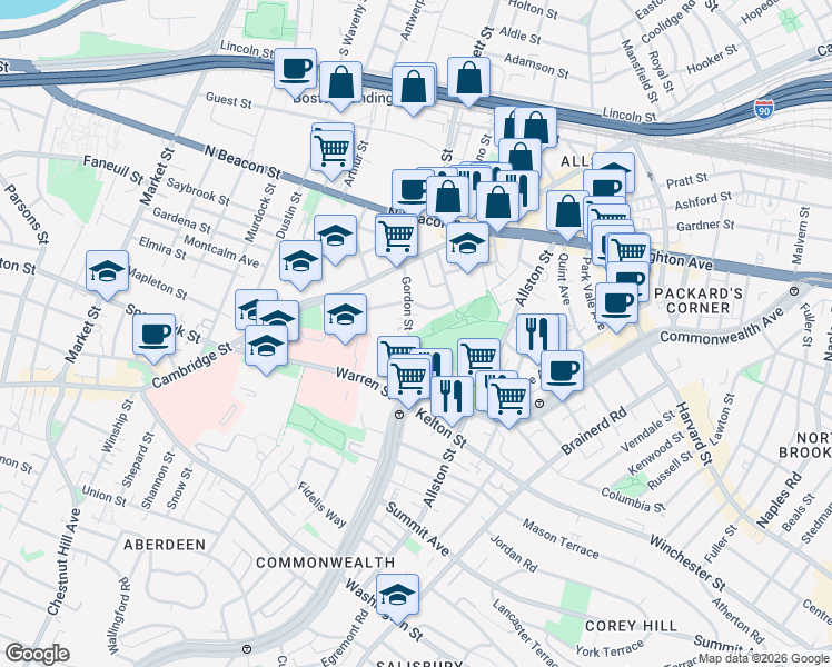 map of restaurants, bars, coffee shops, grocery stores, and more near 59 Gordon Street in Boston