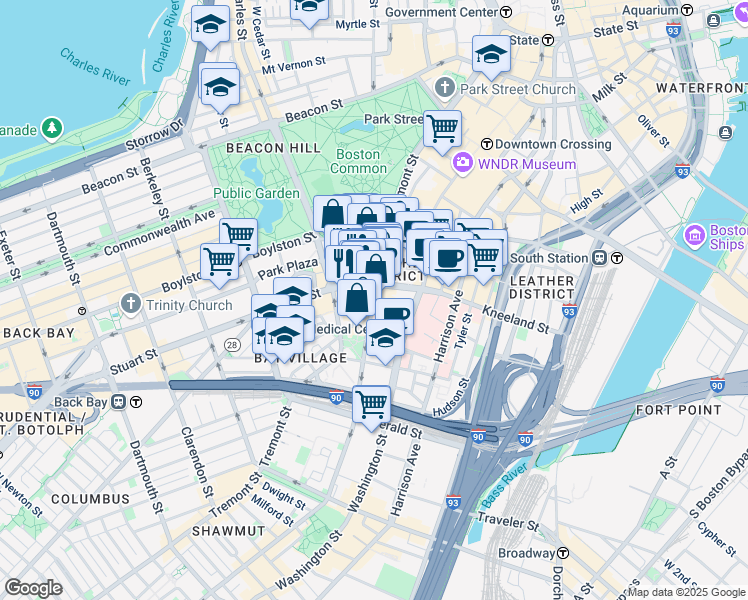 map of restaurants, bars, coffee shops, grocery stores, and more near 244 Tremont Street in Boston
