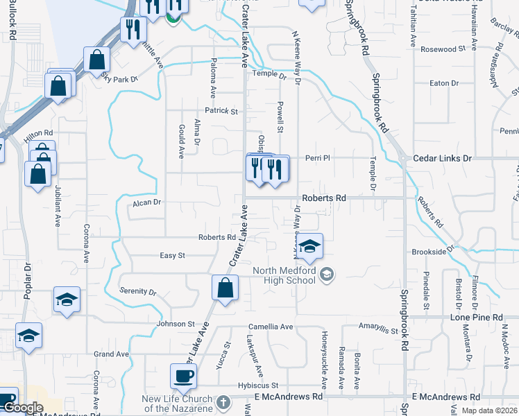 map of restaurants, bars, coffee shops, grocery stores, and more near 2043 Roberts Road in Medford