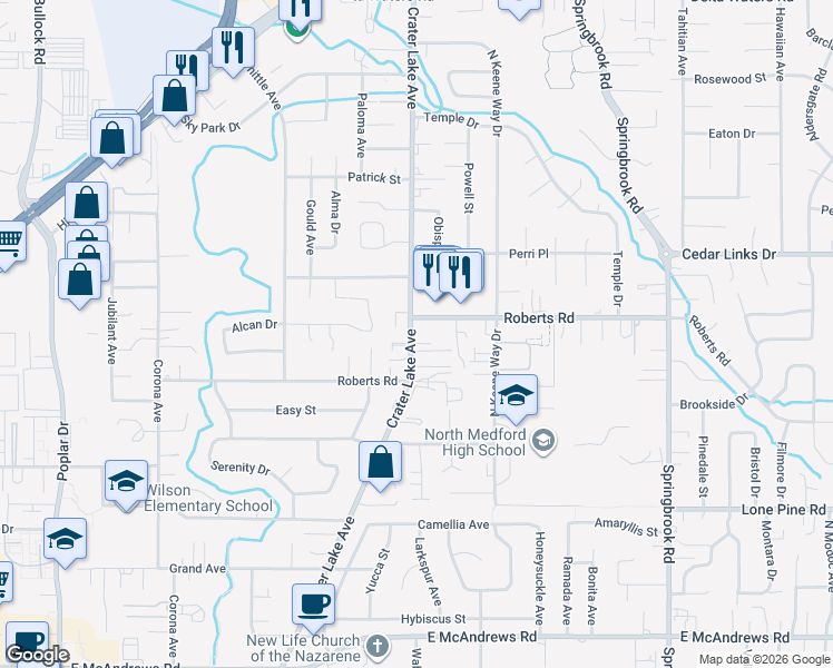 map of restaurants, bars, coffee shops, grocery stores, and more near 2291 Crater Lake Avenue in Medford