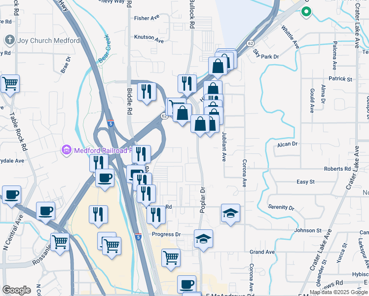 map of restaurants, bars, coffee shops, grocery stores, and more near 2173 Poplar Drive in Medford