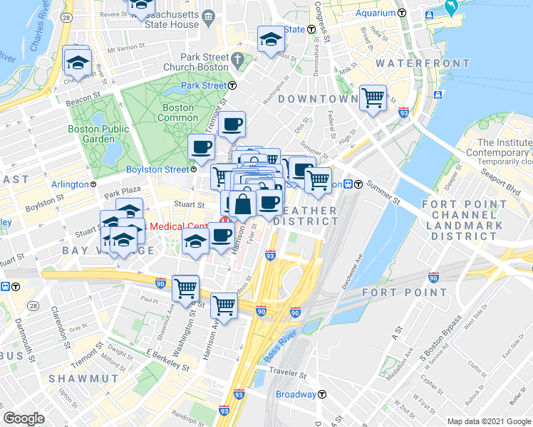 map of restaurants, bars, coffee shops, grocery stores, and more near 11 Tyler Street in Boston