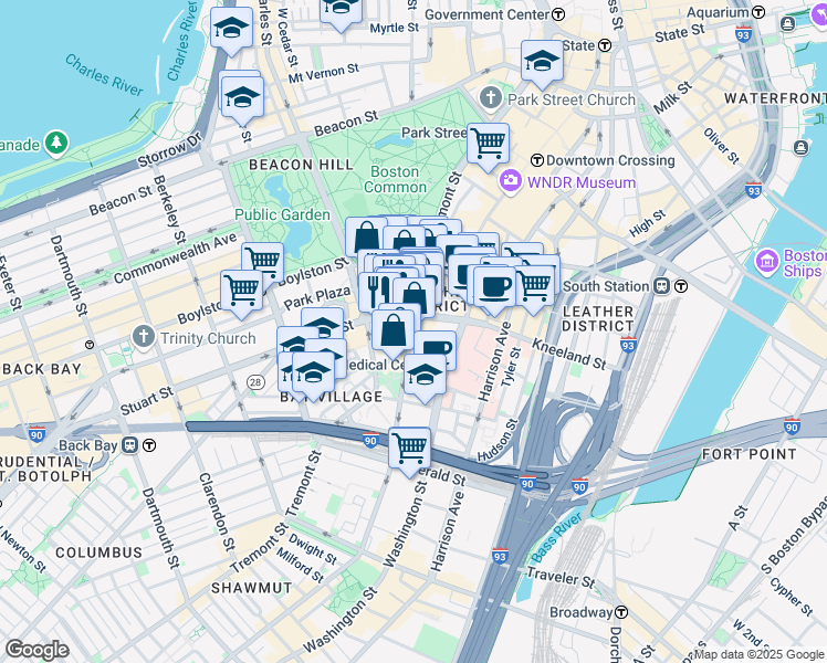 map of restaurants, bars, coffee shops, grocery stores, and more near in Boston