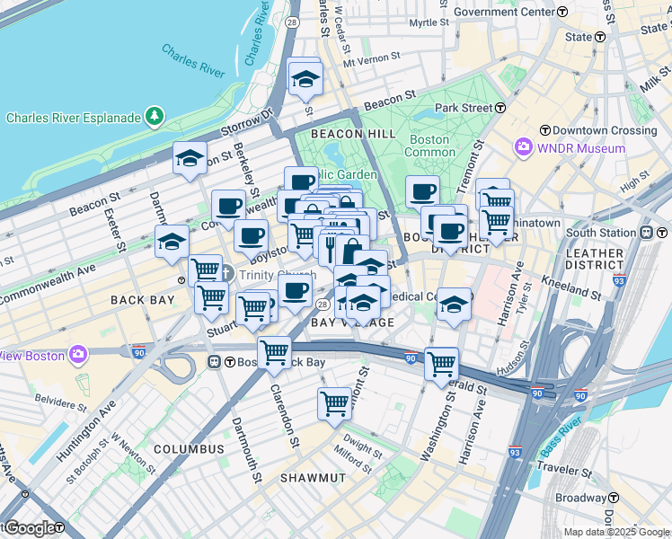 map of restaurants, bars, coffee shops, grocery stores, and more near 10-54 Park Plaza in Boston