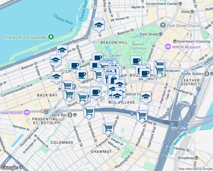 map of restaurants, bars, coffee shops, grocery stores, and more near 10-54 Park Plaza in Boston