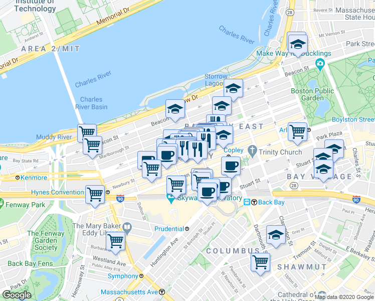 map of restaurants, bars, coffee shops, grocery stores, and more near 25 Exeter Street in Boston