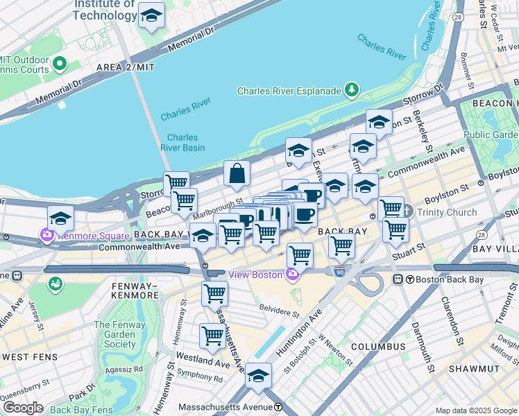map of restaurants, bars, coffee shops, grocery stores, and more near 11 Gloucester Street in Boston