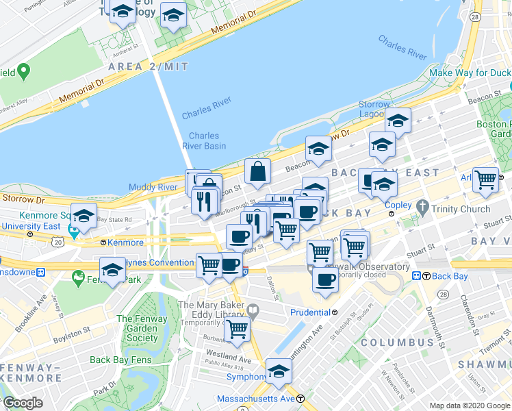 map of restaurants, bars, coffee shops, grocery stores, and more near 18 Hereford Street in Boston