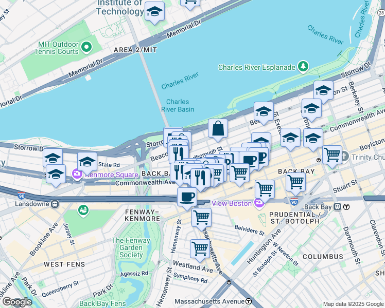 map of restaurants, bars, coffee shops, grocery stores, and more near 457 Beacon Street in Boston