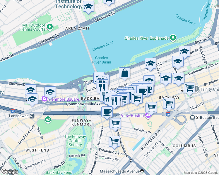 map of restaurants, bars, coffee shops, grocery stores, and more near 457 Beacon Street in Boston