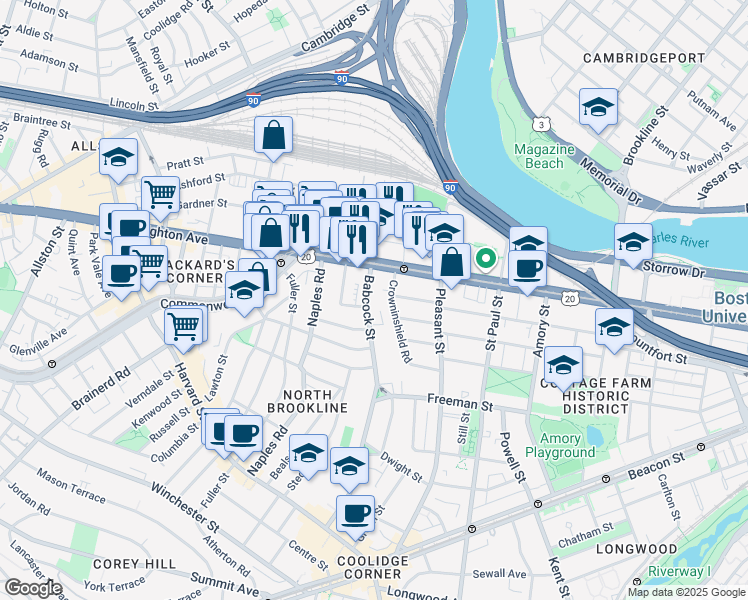 map of restaurants, bars, coffee shops, grocery stores, and more near 973 U.S. 20 in Boston