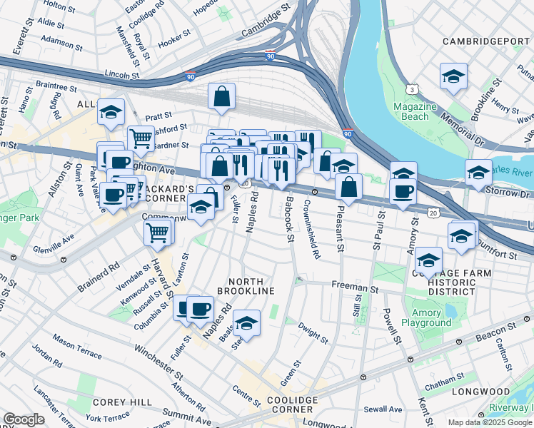 map of restaurants, bars, coffee shops, grocery stores, and more near 20 Winslow Road in Brookline