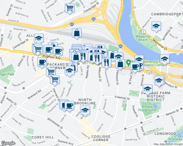 map of restaurants, bars, coffee shops, grocery stores, and more near 20 Winslow Road in Brookline