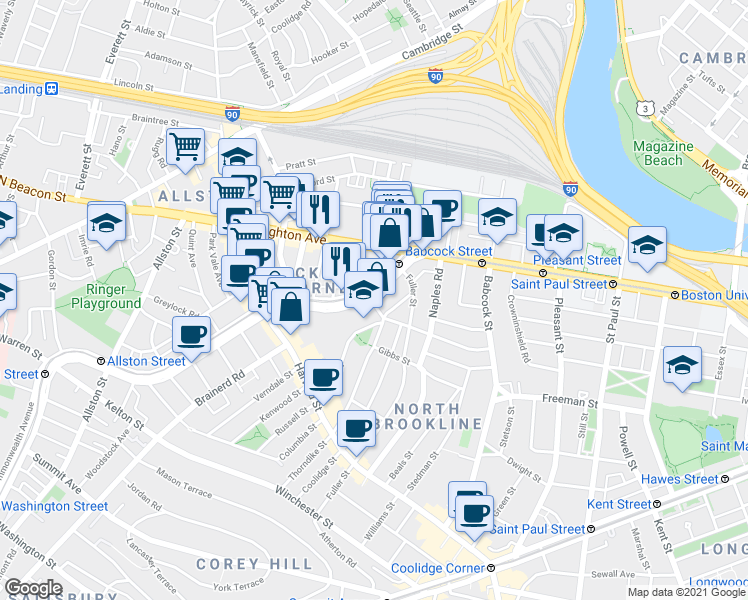 map of restaurants, bars, coffee shops, grocery stores, and more near 1139 Commonwealth Avenue in Boston