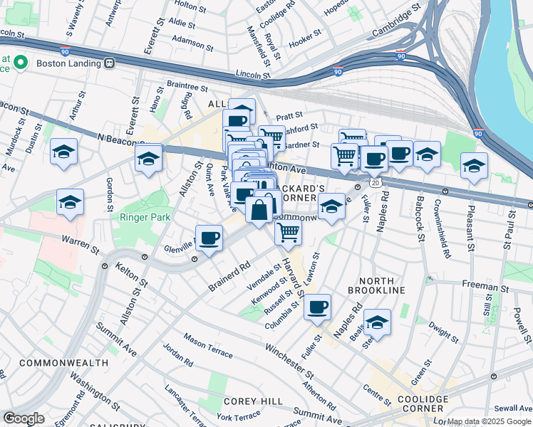 map of restaurants, bars, coffee shops, grocery stores, and more near 1197 Commonwealth Avenue in Boston