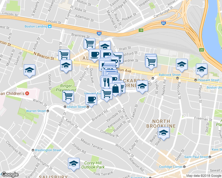 map of restaurants, bars, coffee shops, grocery stores, and more near 1245 Commonwealth Avenue in Boston