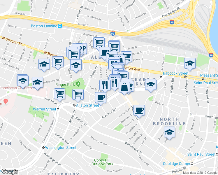 map of restaurants, bars, coffee shops, grocery stores, and more near 10-14 Park Vale Avenue in Boston