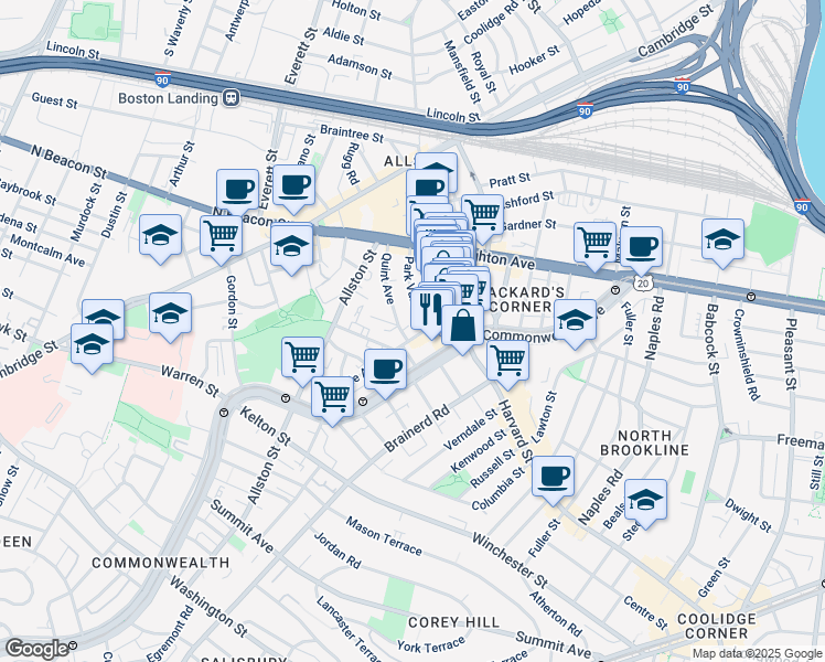 map of restaurants, bars, coffee shops, grocery stores, and more near 10-14 Park Vale Avenue in Boston