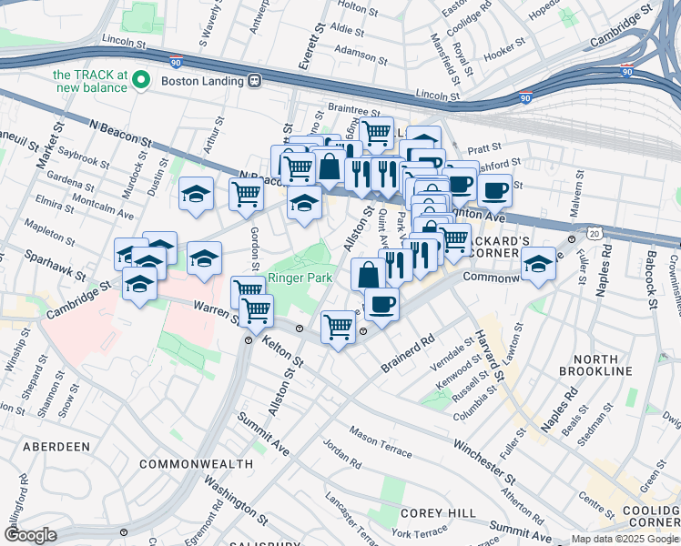 map of restaurants, bars, coffee shops, grocery stores, and more near 68 Allston Street in Boston
