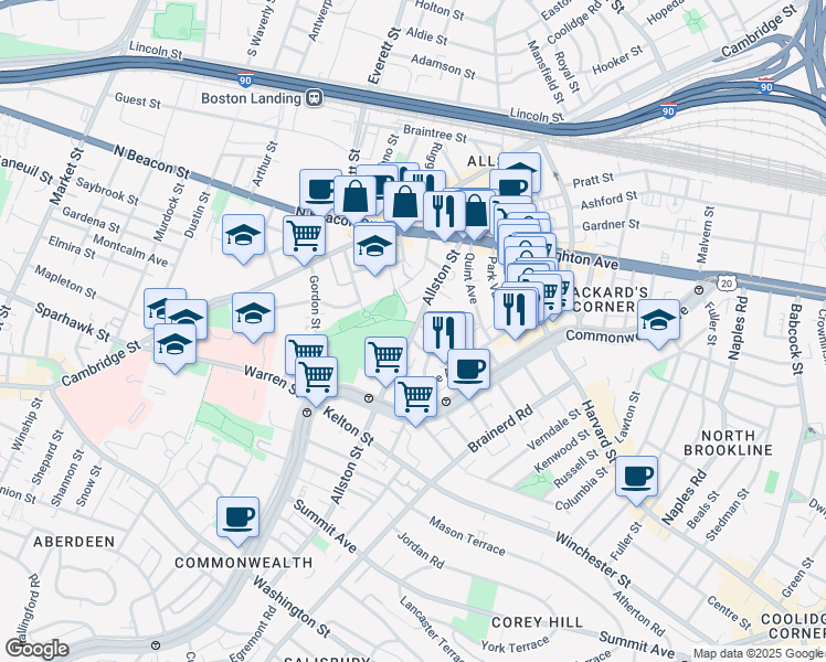 map of restaurants, bars, coffee shops, grocery stores, and more near 68 Allston Street in Boston