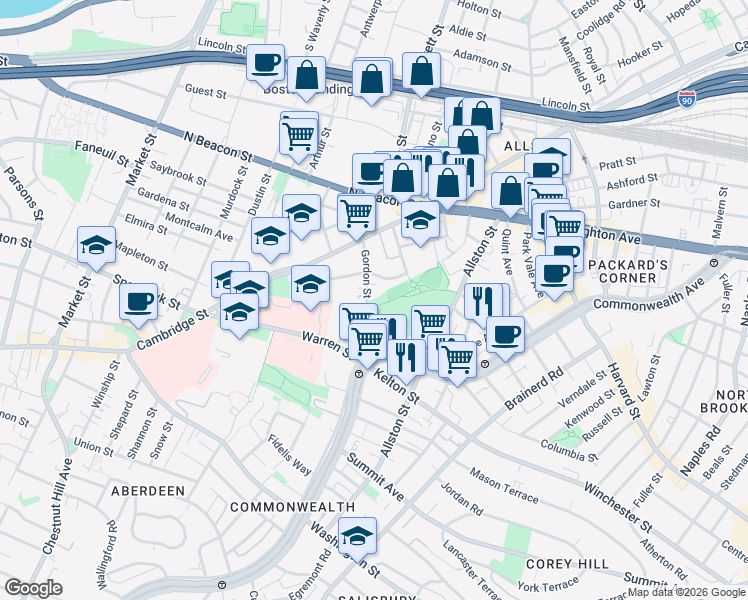 map of restaurants, bars, coffee shops, grocery stores, and more near 59 Gordon Street in Boston